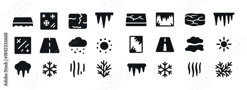 Weather and seasonal icons: snowflakes, sun, clouds, icicles, an