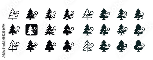 Collection of stylized tree icons with wind elements