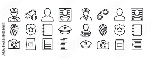 Police and crime icons set featuring officers, fingerprints, han