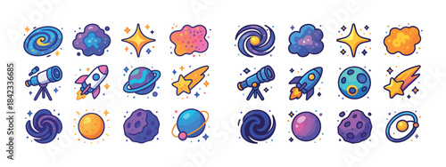 Colorful space icons featuring planets, rockets, stars, and tele