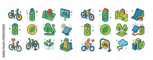 Eco-friendly cycling and sustainable energy icons: bicycles, sol