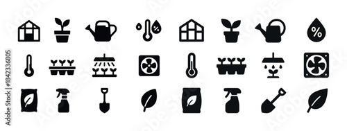 Gardening icons collection: tools, plants, thermometers, fans, a