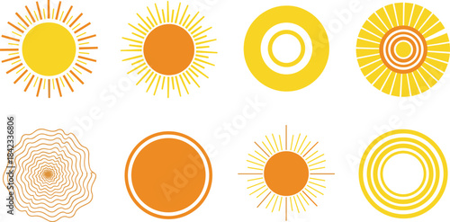 Abstract Sun Icon Set: Minimalist Sunshine Symbols, Circles, and Summer Elements