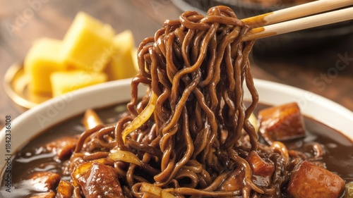 Close up of wooden chopsticks lifting sticky Korean Jajangmyeon black bean noodles with diced pork and vegetables, served with yellow pickled radish