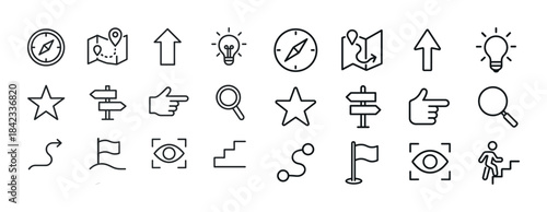 Set of navigation and exploration icons featuring maps, compass,