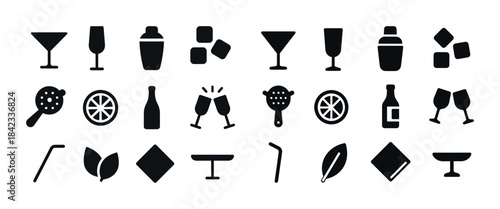 Cocktail bar icons set: glasses, shaker, garnish, straw, napkin