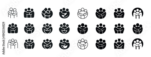 Various styles of minimalist abstract human hugging icons in bla