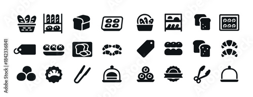 Black icon set of bakery items: bread, pastry, croissant, muffin