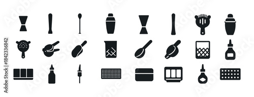Cocktail bar tools icons collection: shakers, spoons, strainers,