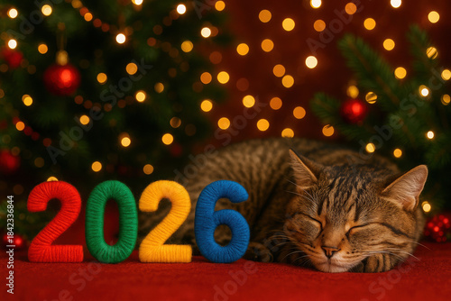 Cute cat sleeping with 2026 numbers and festive christmas tree background lighting