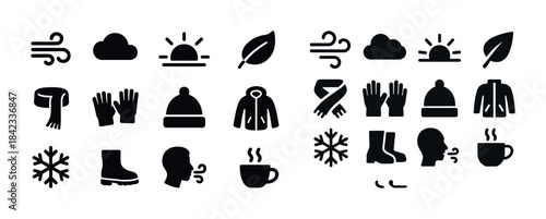 Winter clothing and weather icons: cozy apparel and seasonal sym
