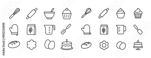 Baking icons collection: whisk, rolling pin, cupcake, oven mitt,