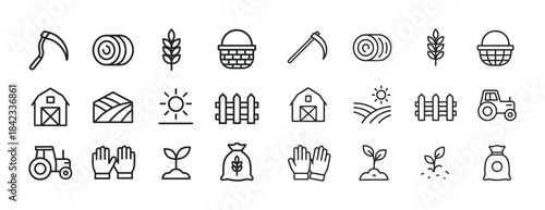 Simple line icons: farming tools, plants, tractors, and barns