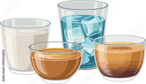 Beverage illustration set featuring milk, iced water, tea, and espresso drinks in clear glass cups and realistic vector style