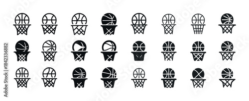 Collection of basketball icons: variety of hoop and ball designs