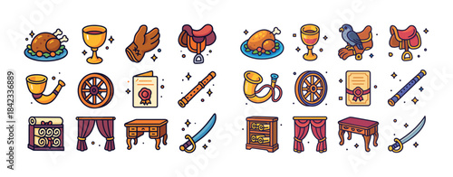 Collection of medieval icons: food, furniture, instruments, and
