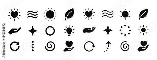 Minimalist icon set: heart, wave, sun, leaf, hand, light bulb, s