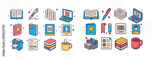 Colorful education icons: books, laptop, writing tools, and stat