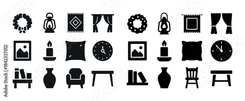 Home decor icons: vases, curtains, chairs, clocks, lanterns