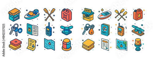 Colorful outdoor adventure and rental equipment icons in flat st