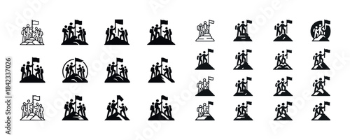 Silhouette icons of team success: group reaching mountain peak w
