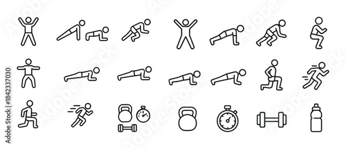 Line icons of fitness exercises and equipment for workout guide