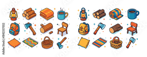 Camping essentials: lantern, logs, coffee mug, backpack, axe, ch