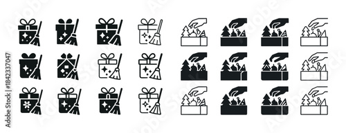 Minimalist gift and cleaning icons set in black and white