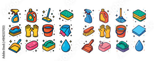 Colorful cleaning supplies collection: sponges, brushes, gloves,