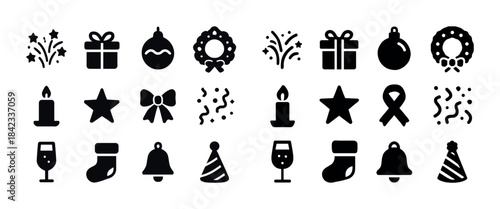 Black silhouette holiday icons: gifts, decorations, stars, and f