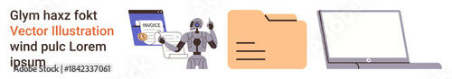 Automation, data management, artificial intelligence, technology workflow, robotics, billing systems. A robot interacting with digital files, invoice and laptop. Automation and data management