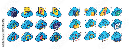 Colorful cloud computing icons with various technology symbols