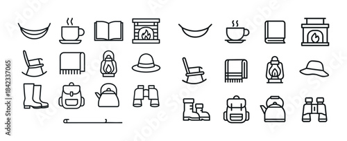 Cozy home and camping essentials in minimalist line art style