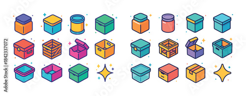 Colorful collection of various open and closed boxes with sparkl