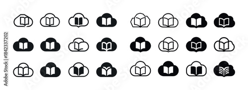 Collection of cloud and book icons in black and white design