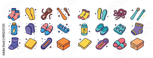 Colorful collection of footwear accessories and care items in fl