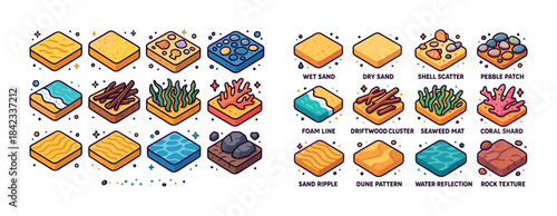 Cartoon isometric tile icons: sand, sea, and natural elements