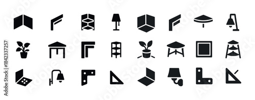 Set of minimalist home furniture and decor icons in black and wh