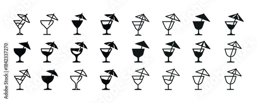 Silhouette collection of cocktail glasses with umbrellas