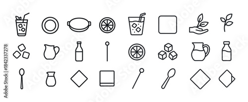 Minimalist drink and food icons set: line art symbols for refres
