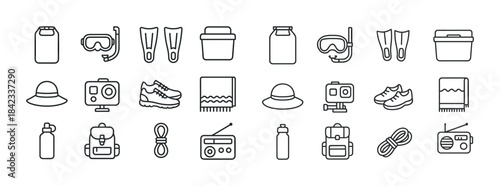 Outline icons: adventure gear including diving, camping, hiking,