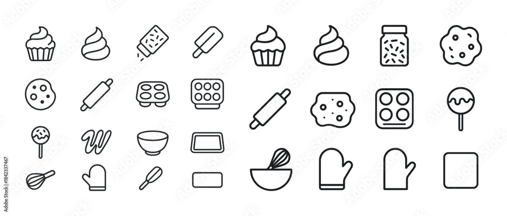 Fototapeta premium Baking icons collection: cupcake, cookie, rolling pin, oven mitt
