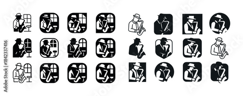 Stylized jazz musicians playing saxophone in various poses