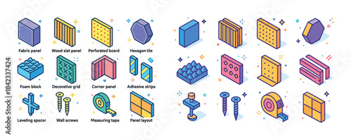 Vector icons of construction materials and tools with labels
