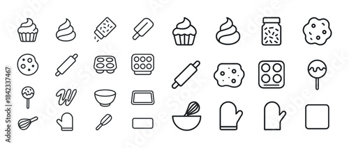 Baking icons collection: cupcake, cookie, rolling pin, oven mitt