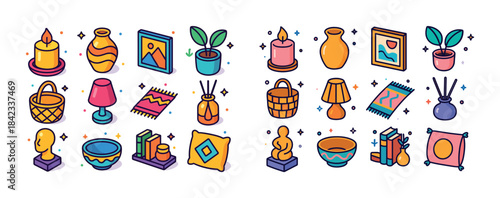 Colorful home decor icons: vases, plants, art, candles, baskets,