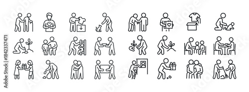 Line art icons depicting charity and community service activitie