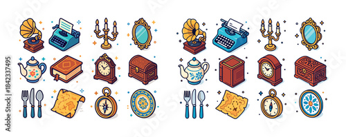 Vintage objects: typewriter, gramophone, candlestick, teapot, mi