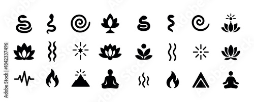 Set of abstract meditation and nature icons in black and white