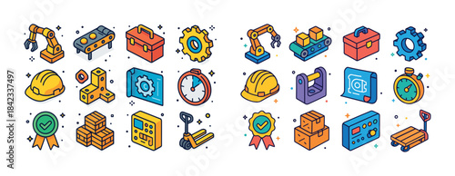 Colorful isometric icons of industrial equipment and tools for m